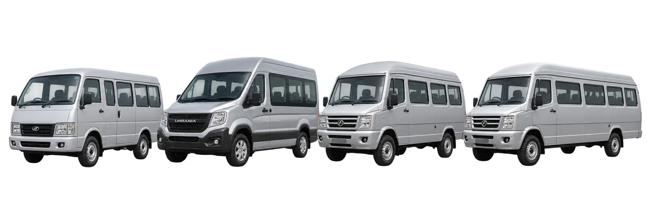 Silver Mahindra van, Force Urbania, Tempo Traveller and 17-seater Traveller standing side by side